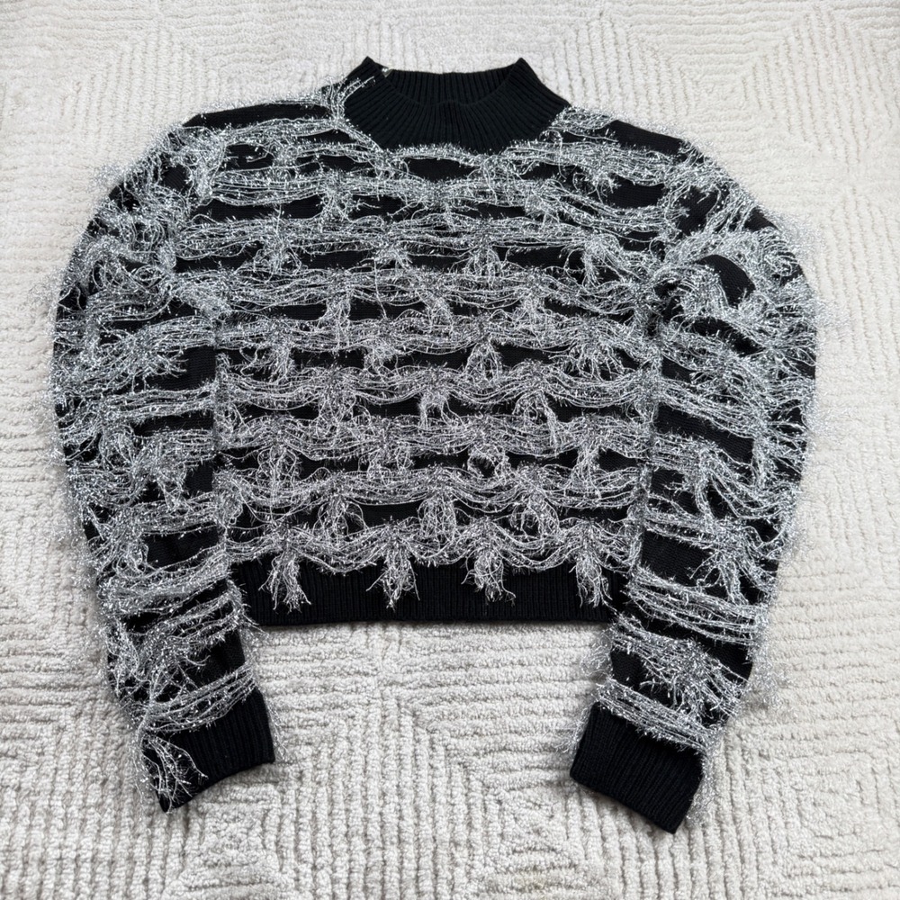 Hot & Delicious Tinsel Fringe Sweater Womens L Black Shaggy Party Goth Glam Punk
